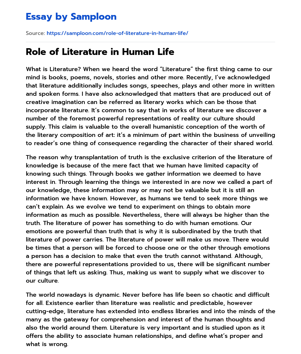 Role of Literature in Human Life essay