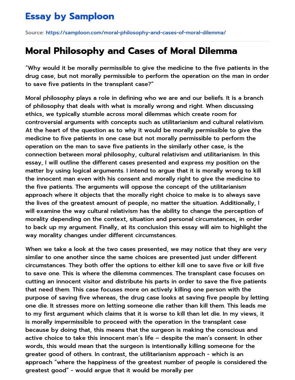 Moral Philosophy and Cases of Moral Dilemma essay