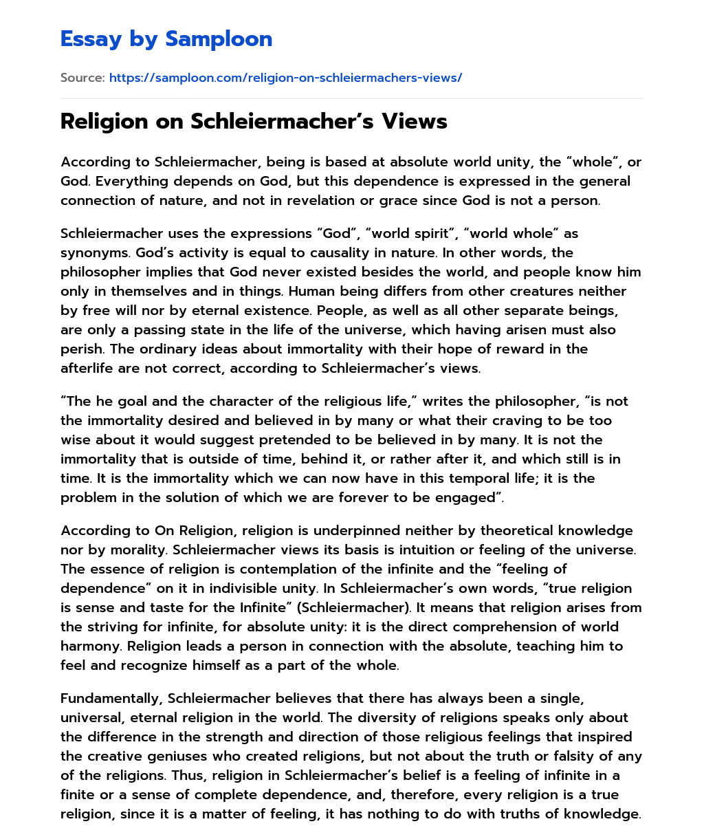 Religion on Schleiermacher’s Views essay