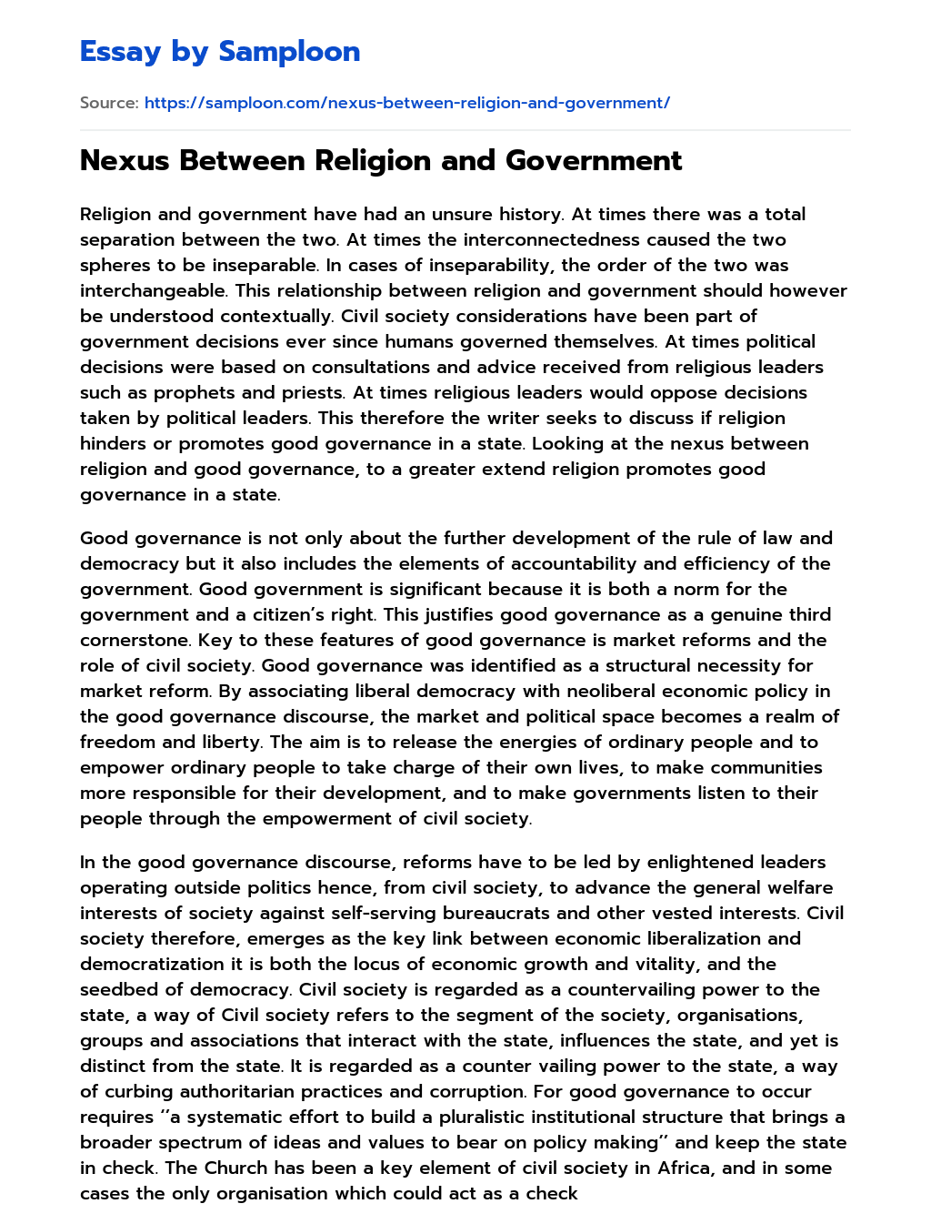 Nexus Between Religion and Government essay