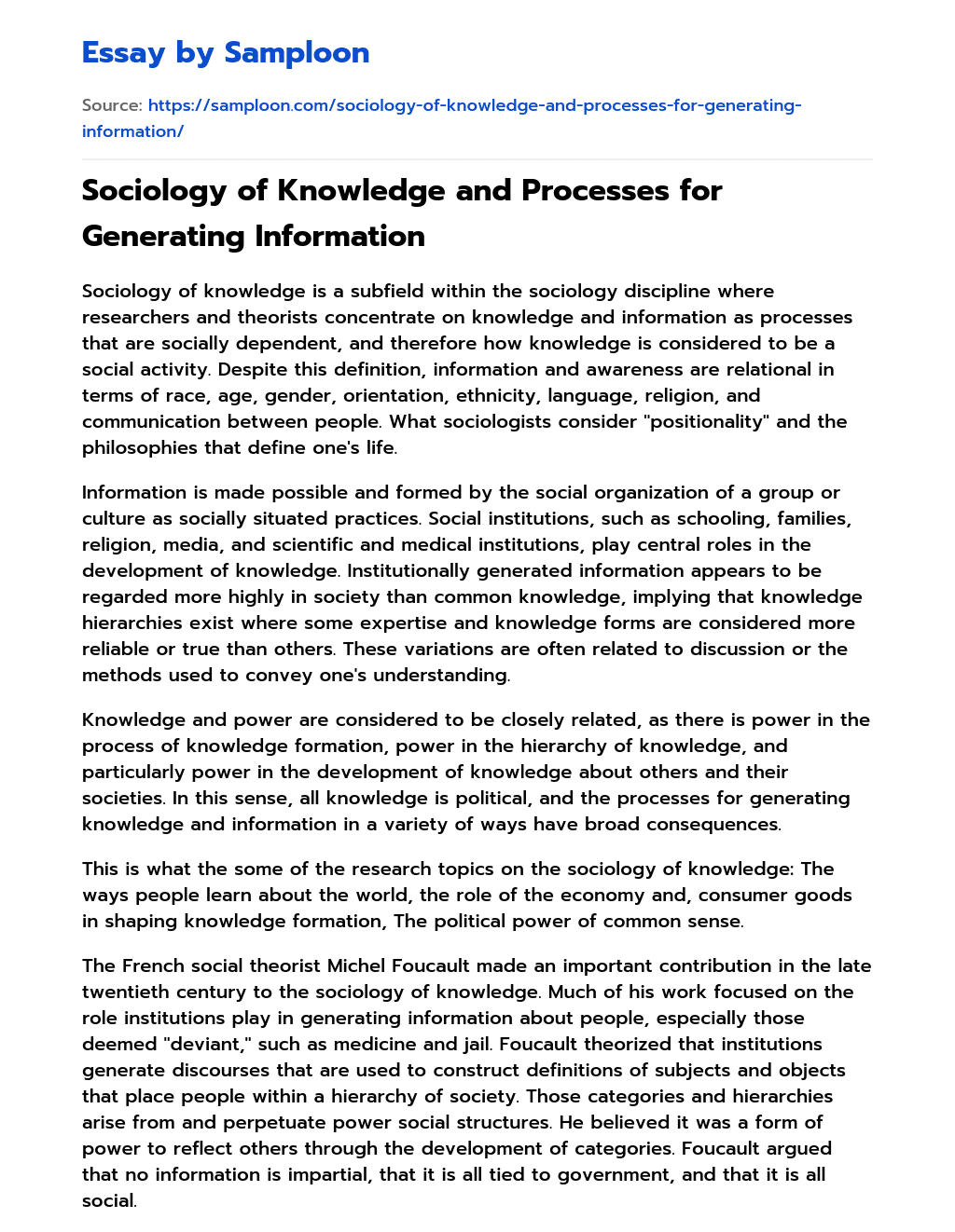 Sociology of Knowledge and Processes for Generating Information essay