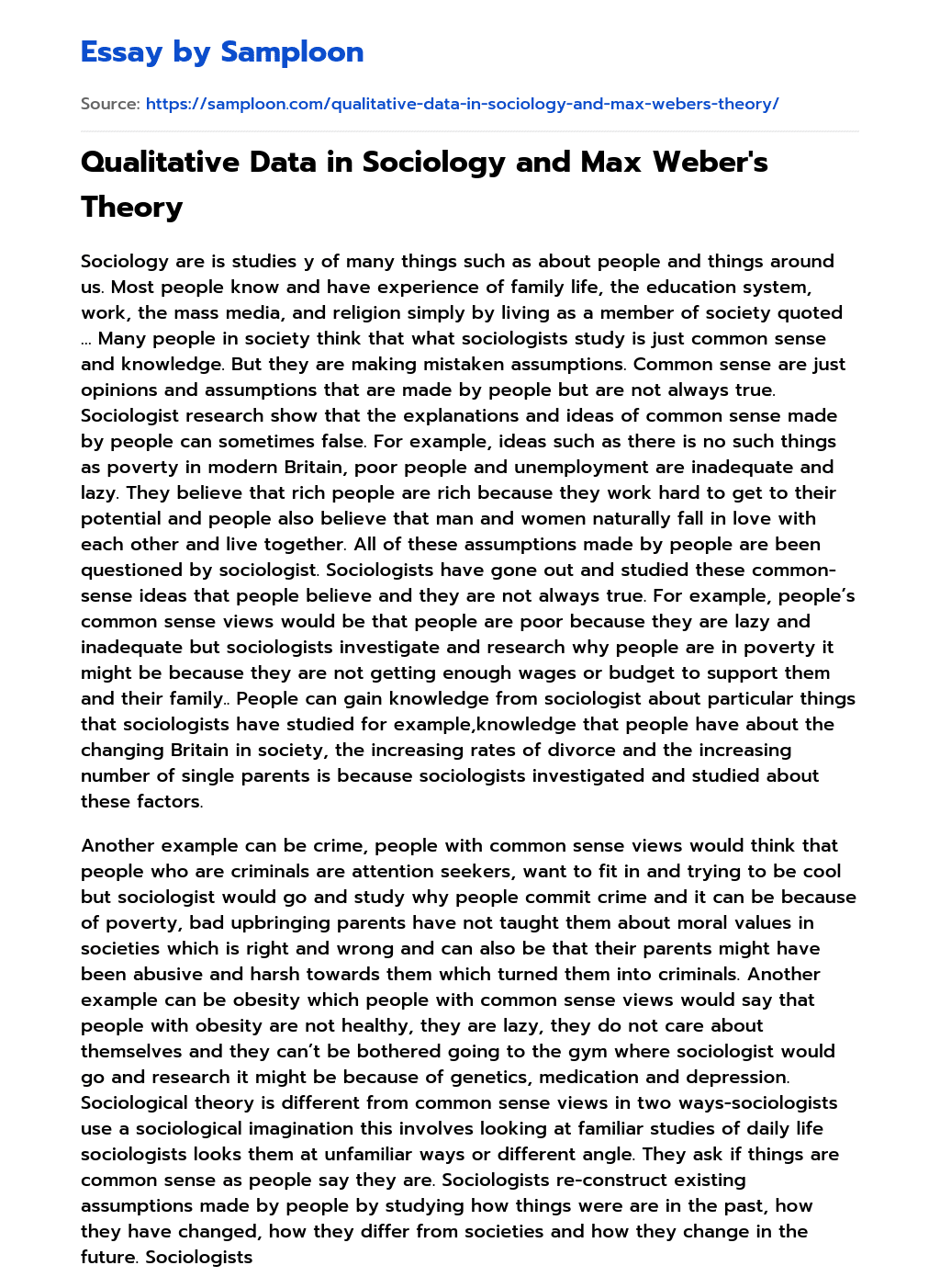 Qualitative Data in Sociology and Max Weber’s Theory Argumentative Essay essay