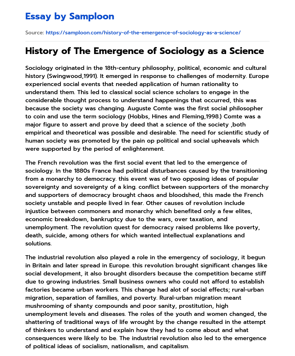 History of The Emergence of Sociology as a Science essay