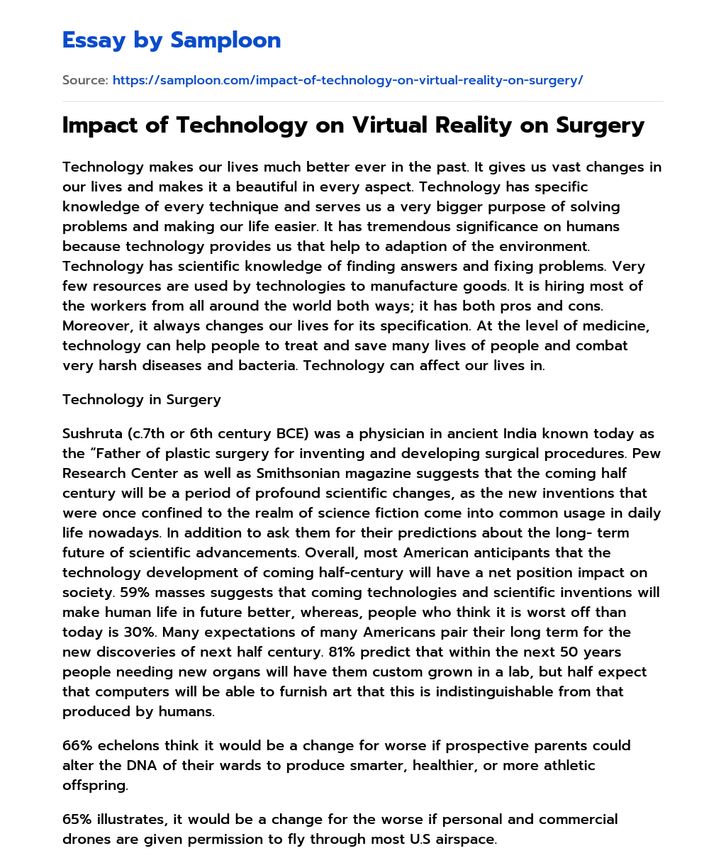Impact of Technology on Virtual Reality on Surgery essay