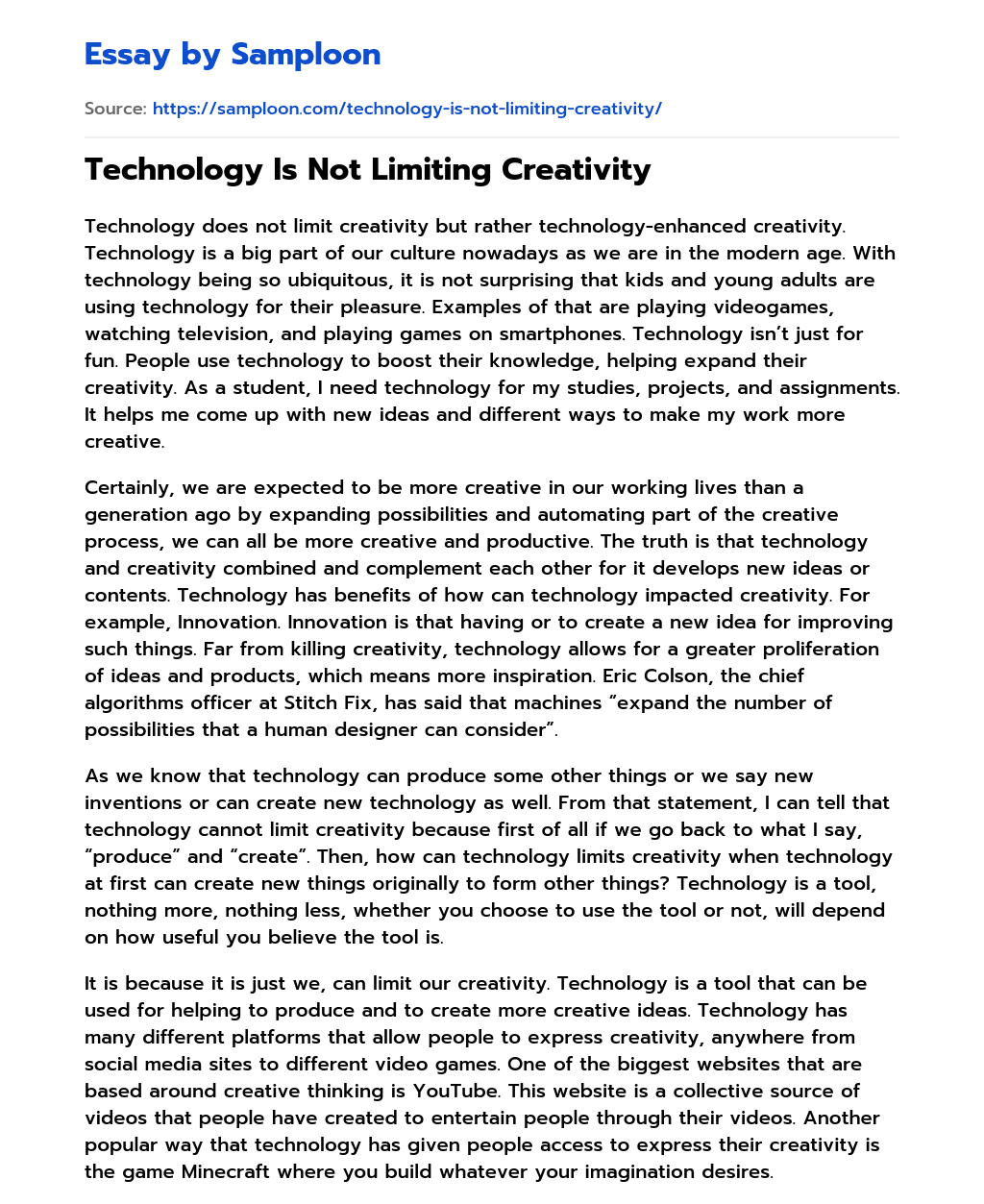 Technology Is Not Limiting Creativity essay