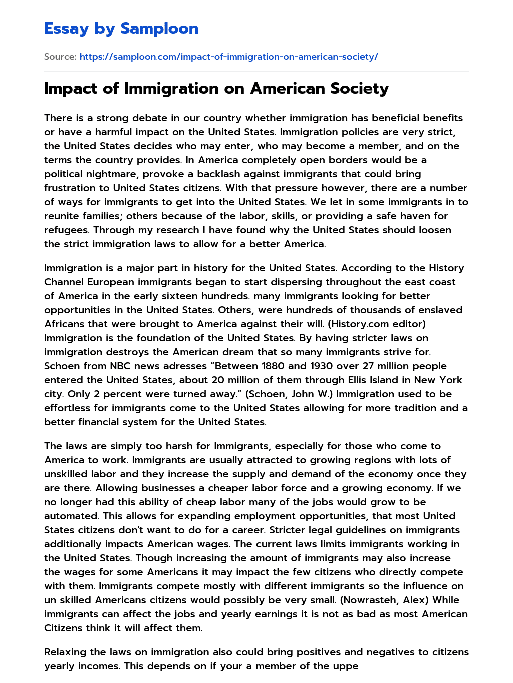 Impact of Immigration on American Society essay