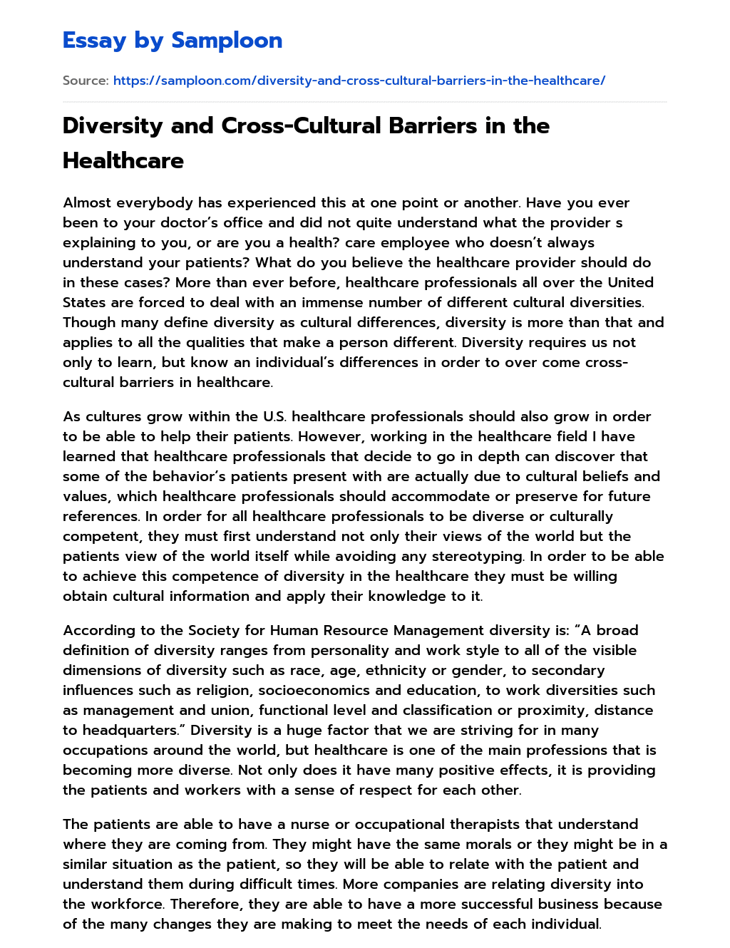Diversity and Cross-Cultural Barriers in the Healthcare essay