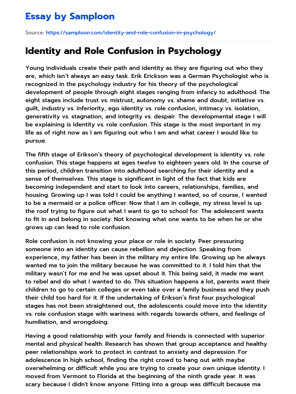 Identity and Role Confusion in Psychology essay