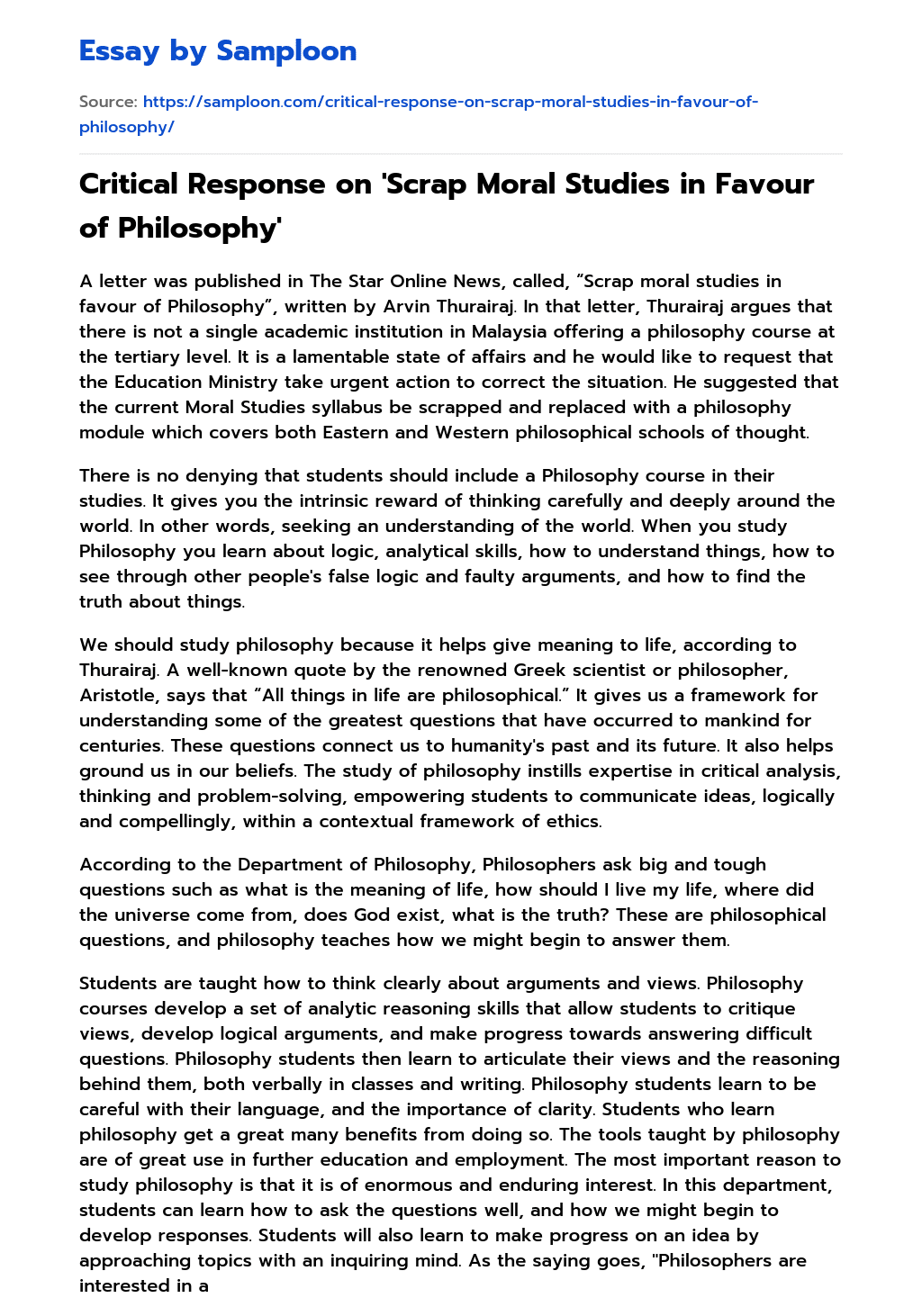 Critical Response on ‘Scrap Moral Studies in Favour of Philosophy’ essay