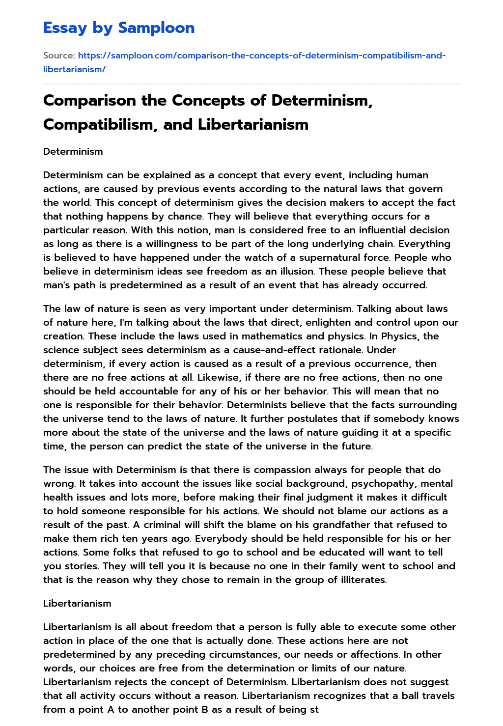 Comparison the Concepts of Determinism, Compatibilism, and Libertarianism essay