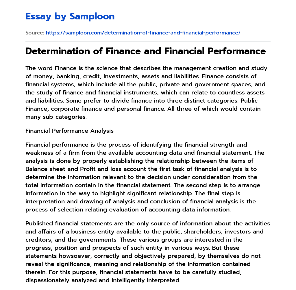 Determination of Finance and Financial Performance essay