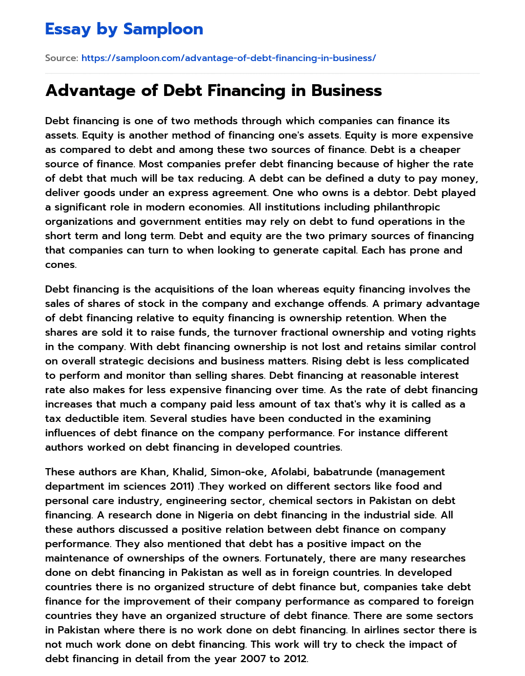Advantage of Debt Financing in Business essay