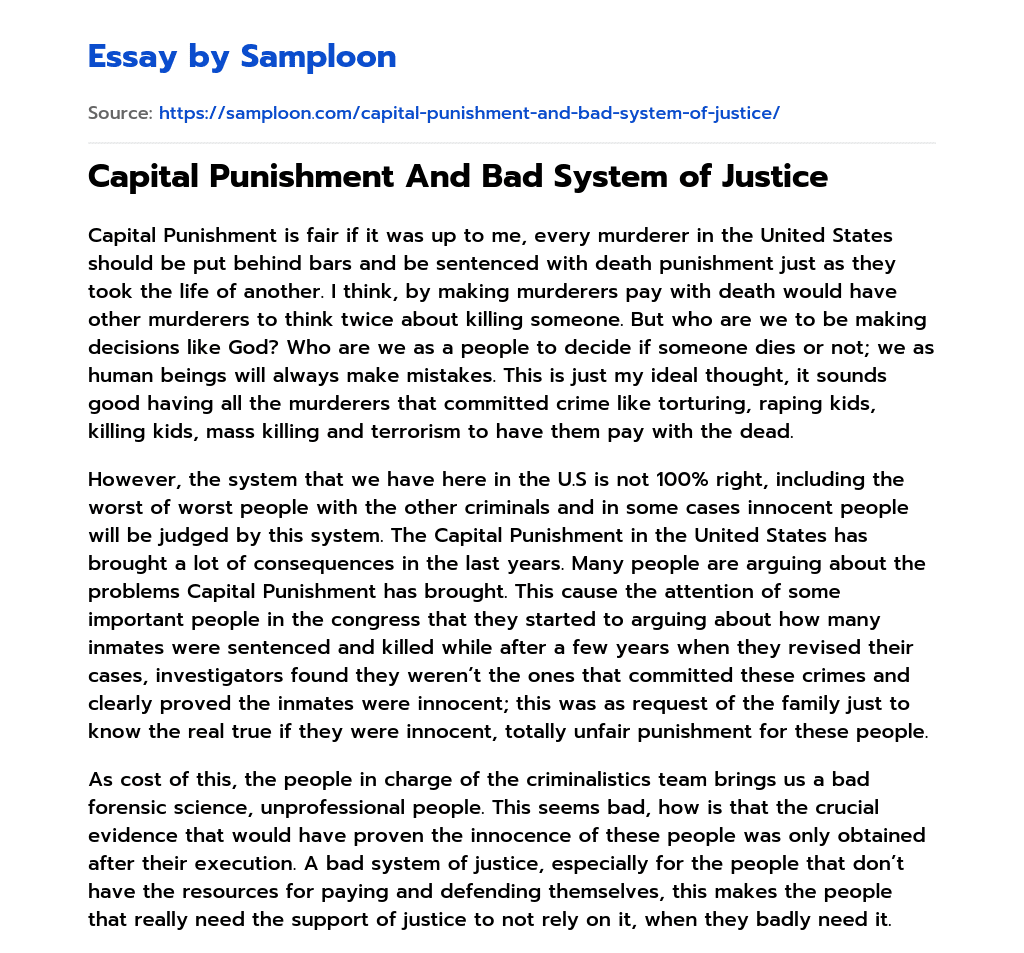 Capital Punishment And Bad System of Justice essay