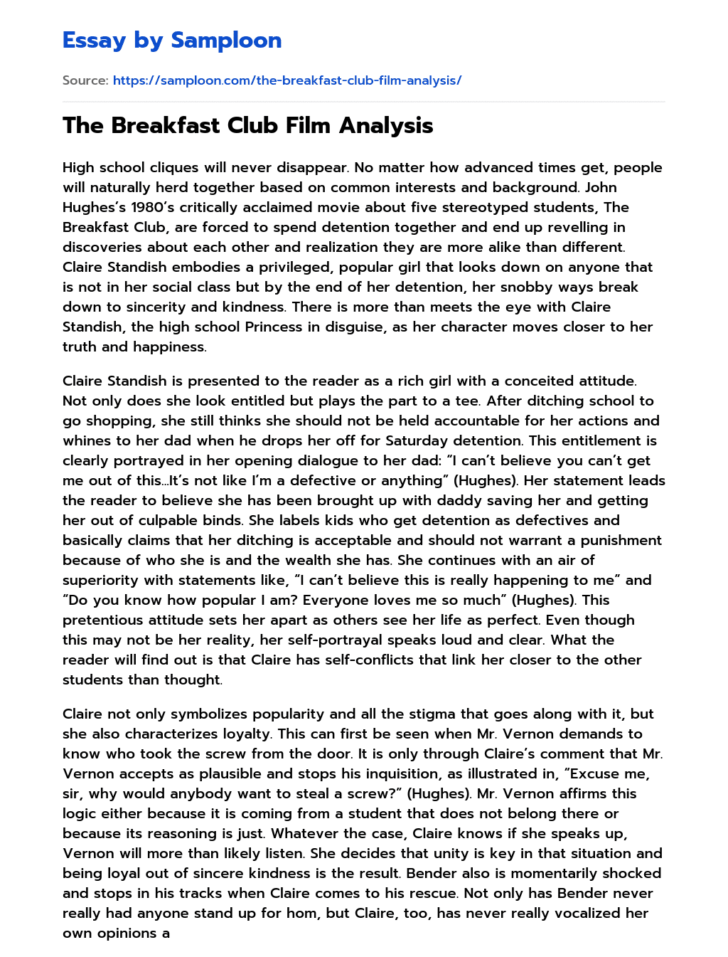 The Breakfast Club Film Analysis essay