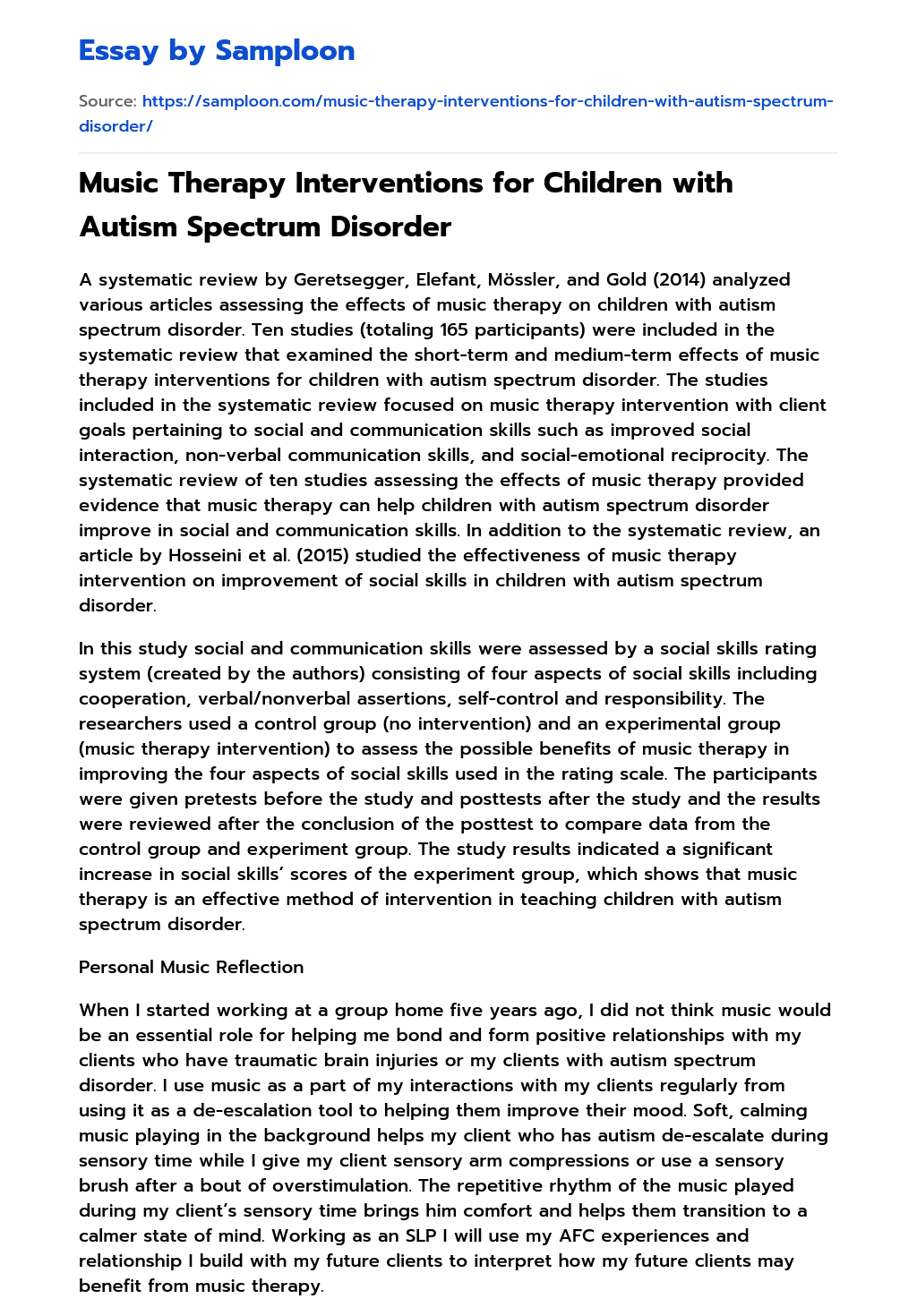 Music Therapy Interventions for Children with Autism Spectrum Disorder essay