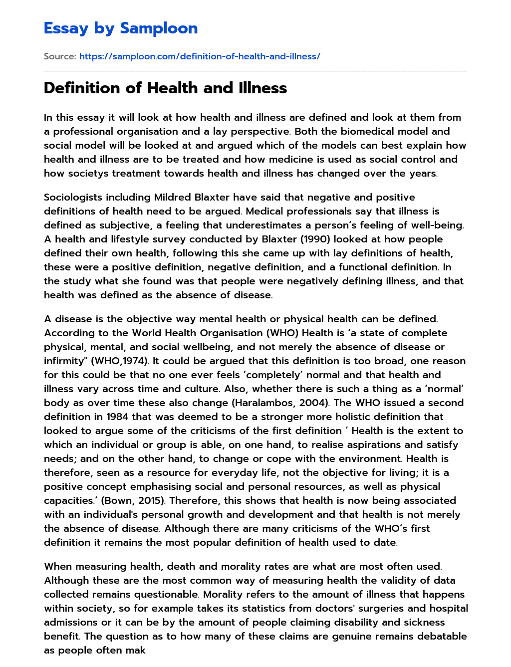 Definition of Health and Illness Argumentative Essay essay