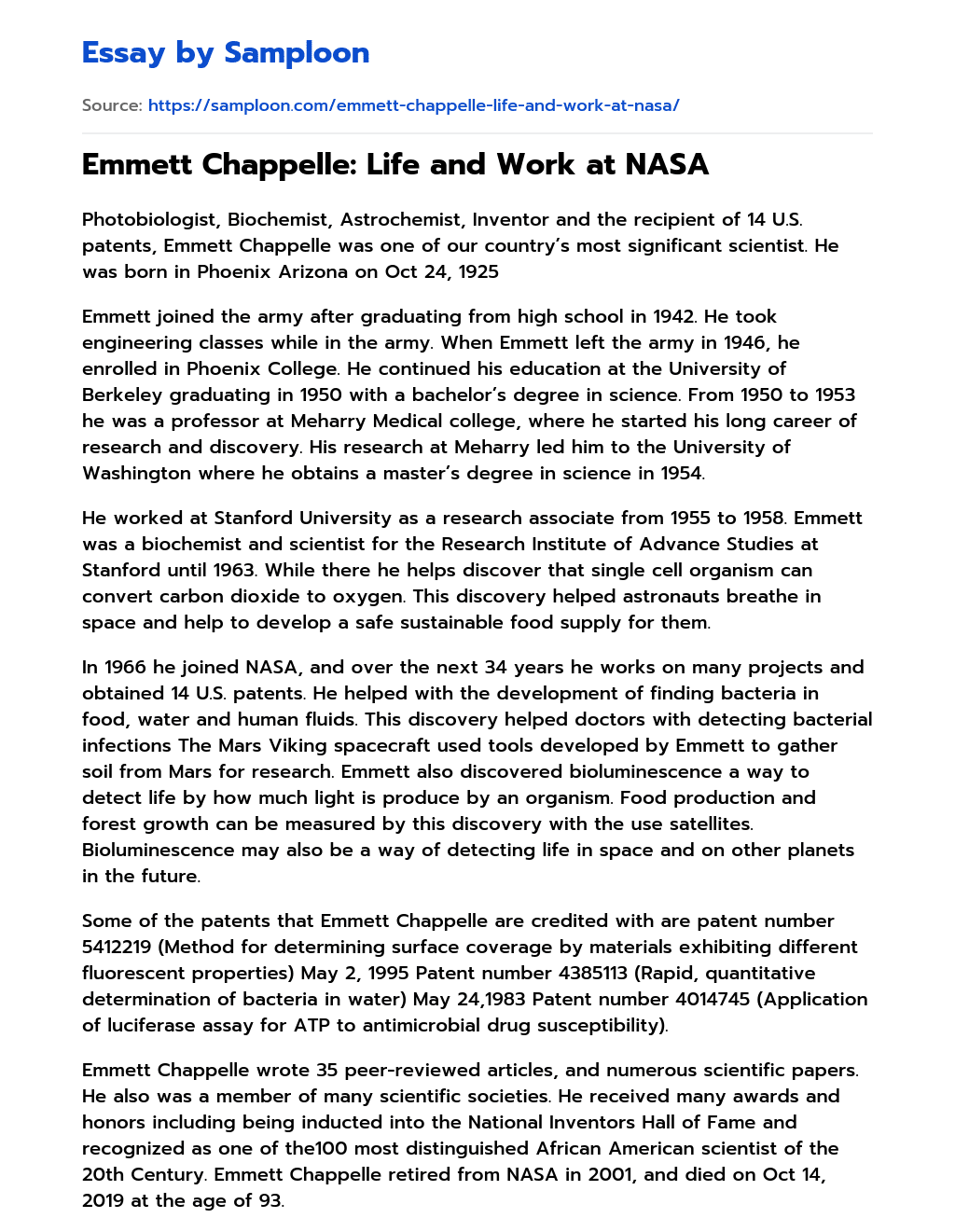 Emmett Chappelle: Life and Work at NASA essay