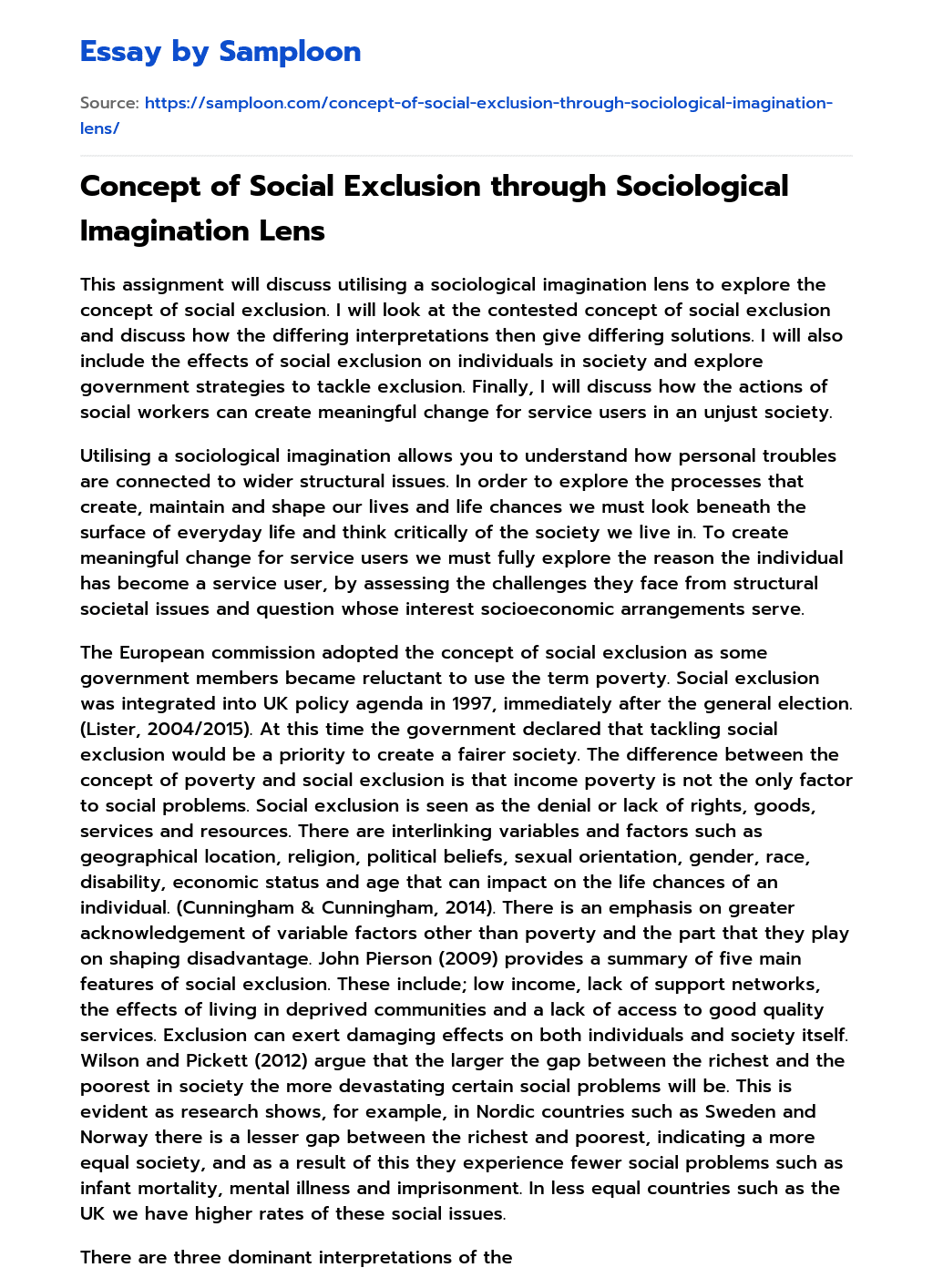 Concept of Social Exclusion through Sociological Imagination Lens essay