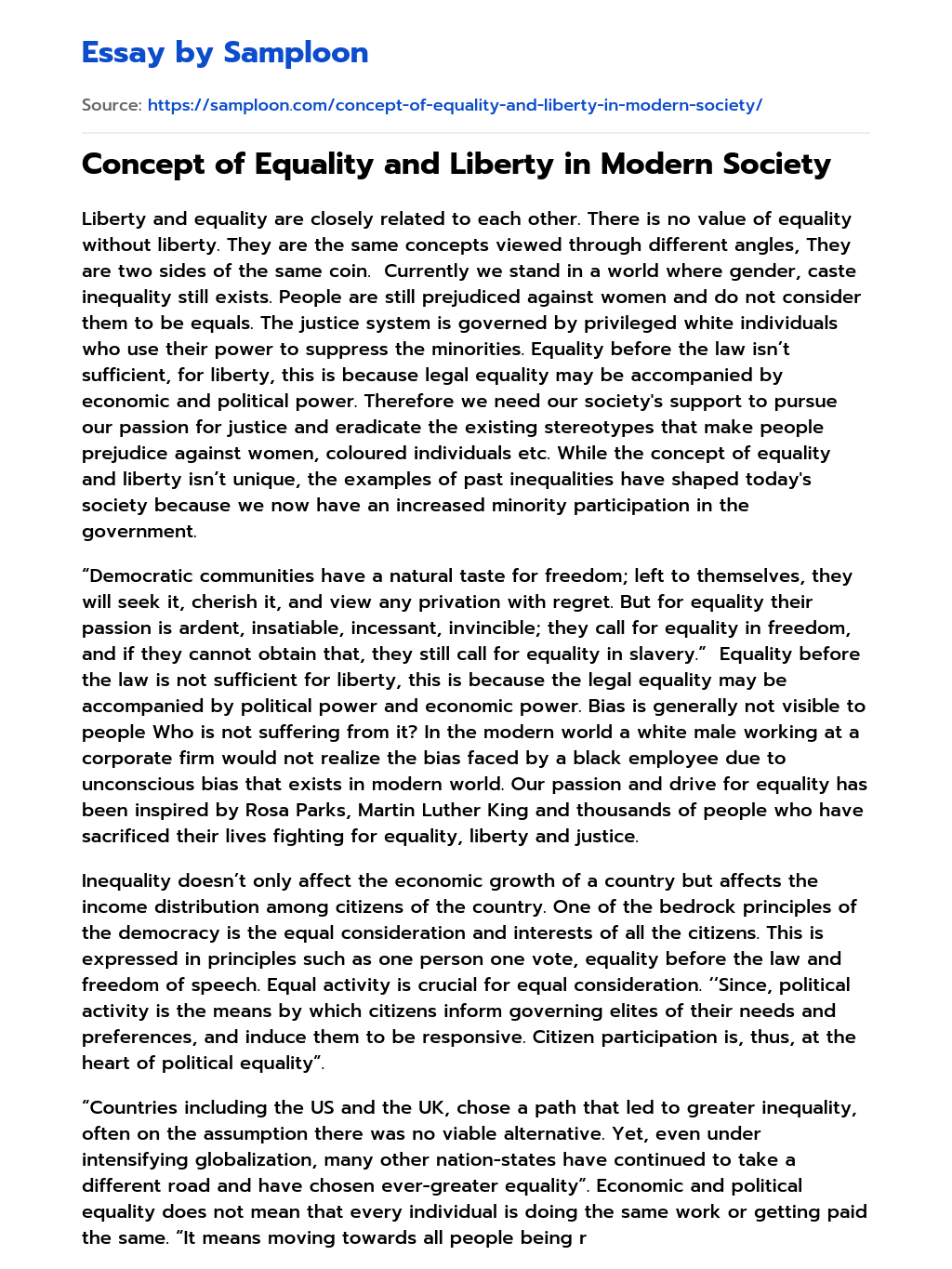 Concept of Equality and Liberty in Modern Society essay
