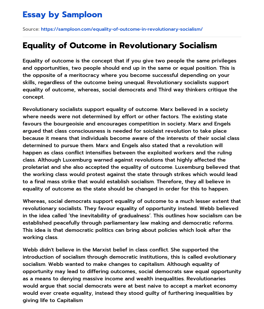 Equality of Outcome in Revolutionary Socialism essay