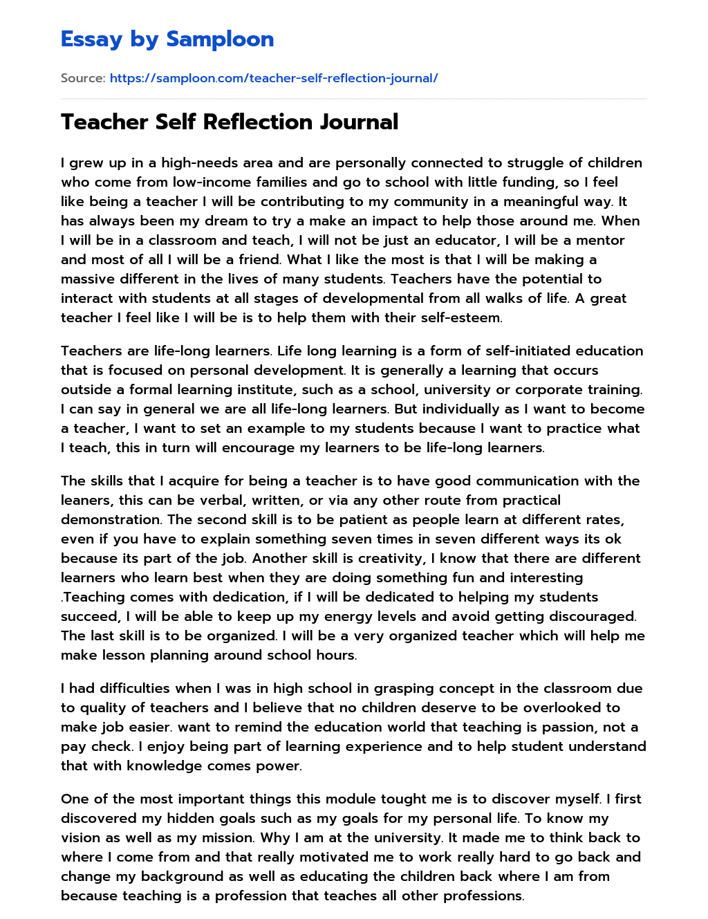 Teacher Self Reflection Journal essay