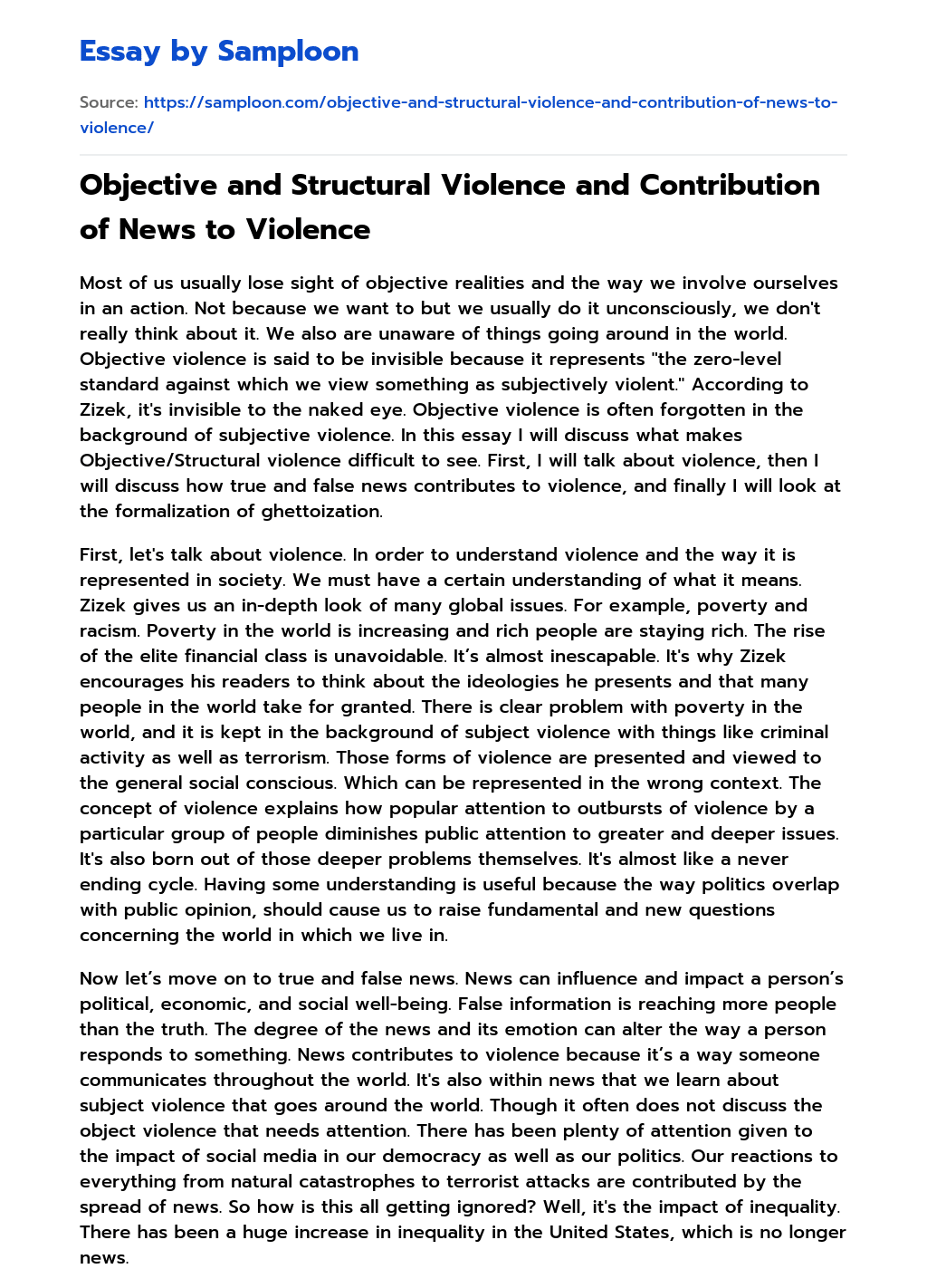 Objective and Structural Violence and Contribution of News to Violence essay