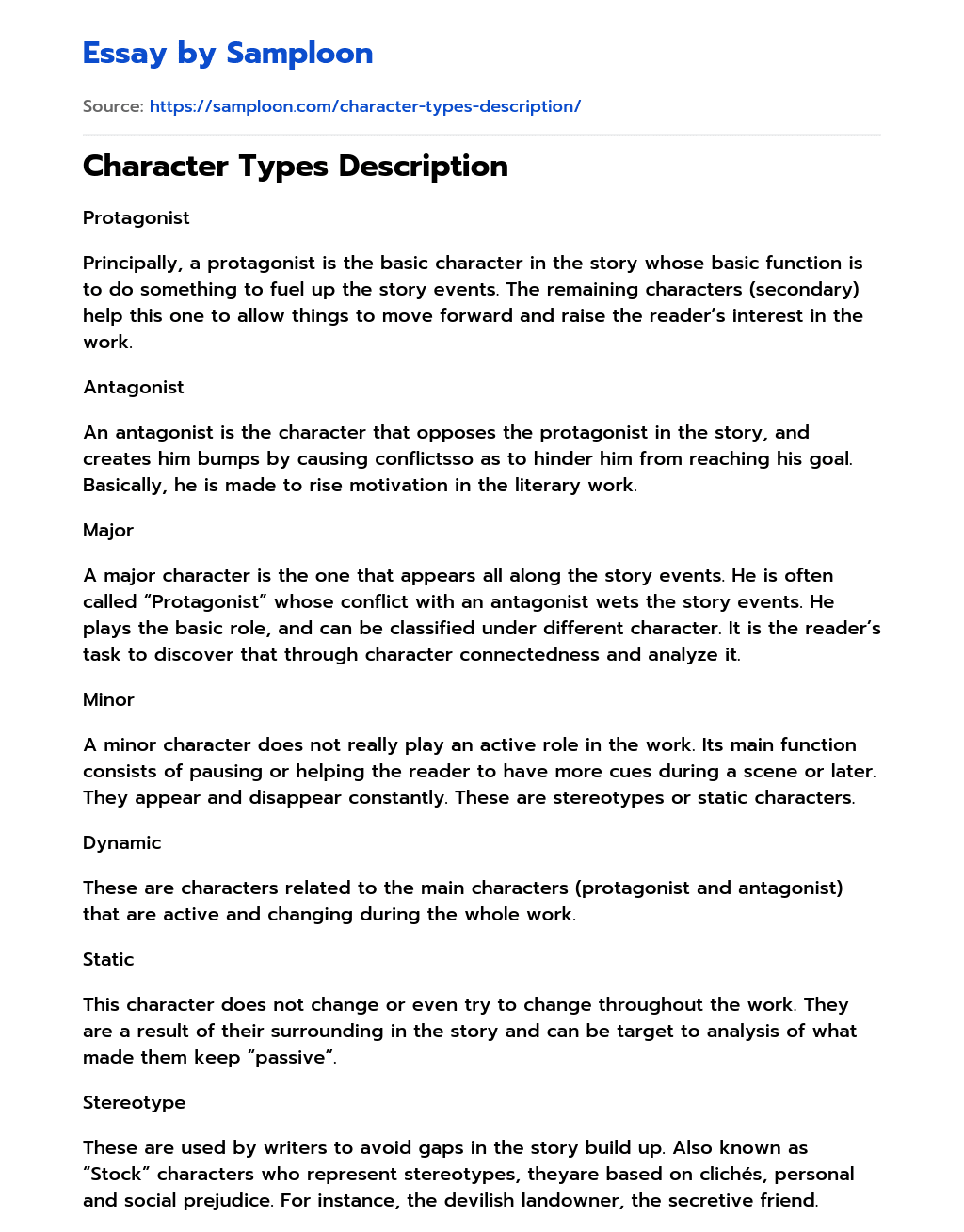 Character Types Description essay