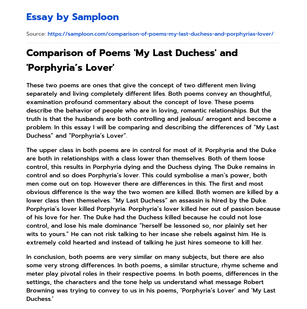 Comparison of Poems ‘My Last Duchess’ and ‘Porphyria’s Lover’ essay