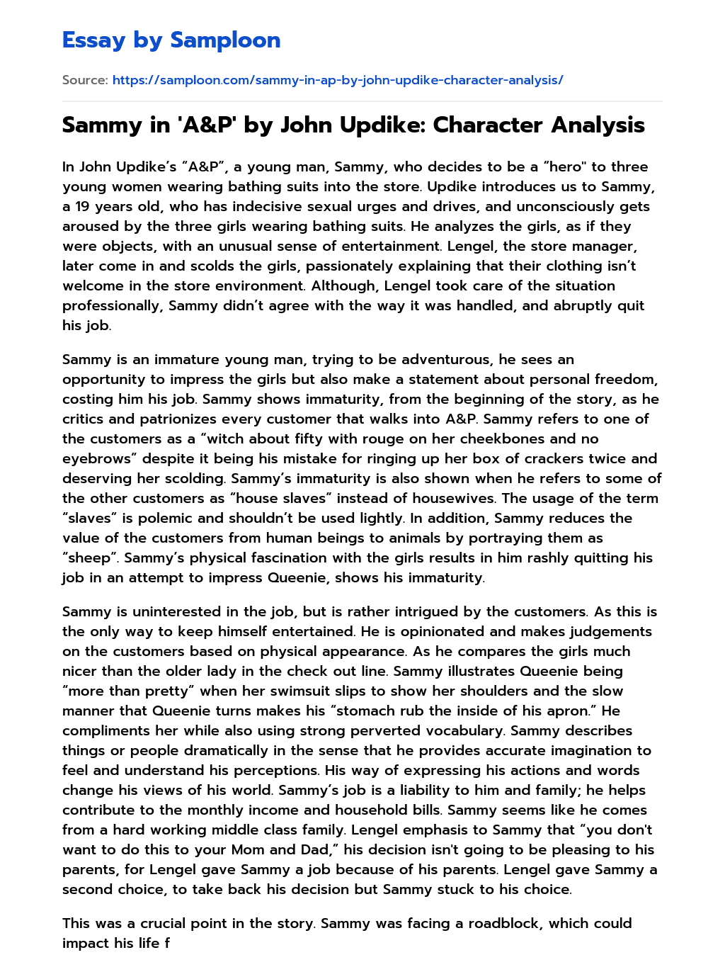 Sammy In A P By John Updike Character Analysis Free Essay Sample On 