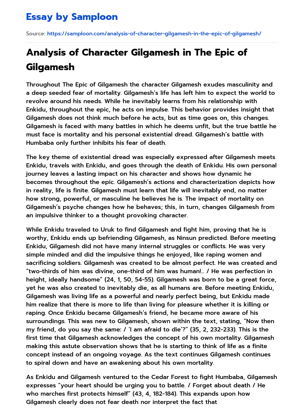 Analysis of Character Gilgamesh in The Epic of Gilgamesh essay