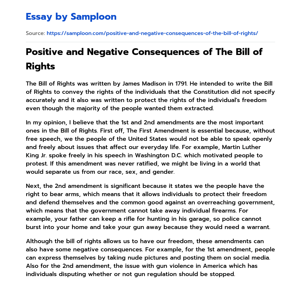 Positive and Negative Consequences of The Bill of Rights essay