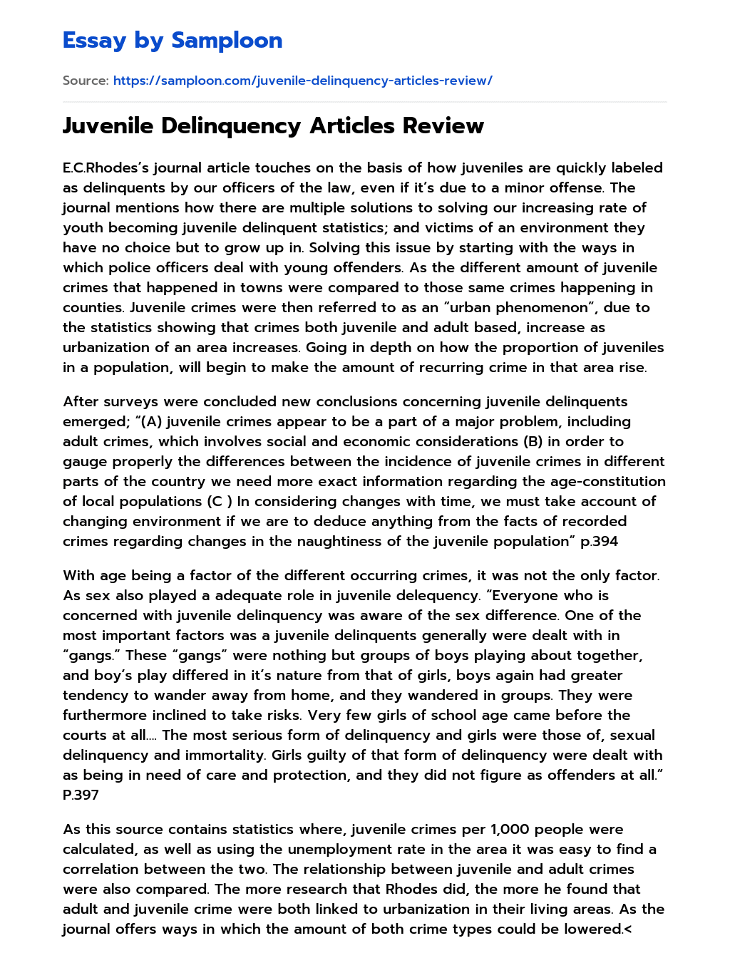 Juvenile Delinquency Articles Review essay