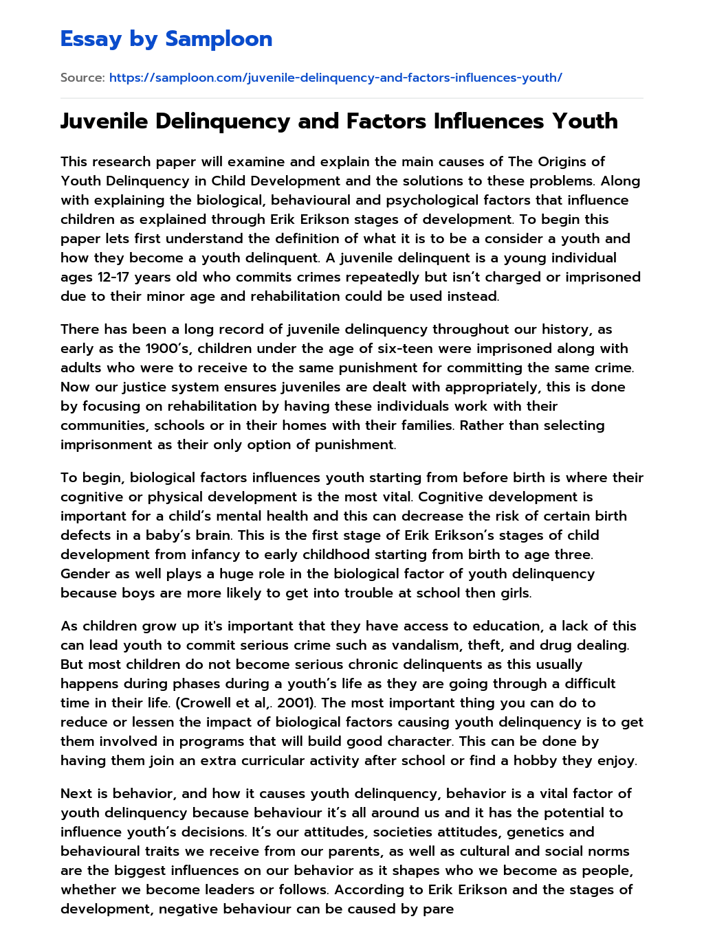 Juvenile Delinquency and Factors Influences Youth essay