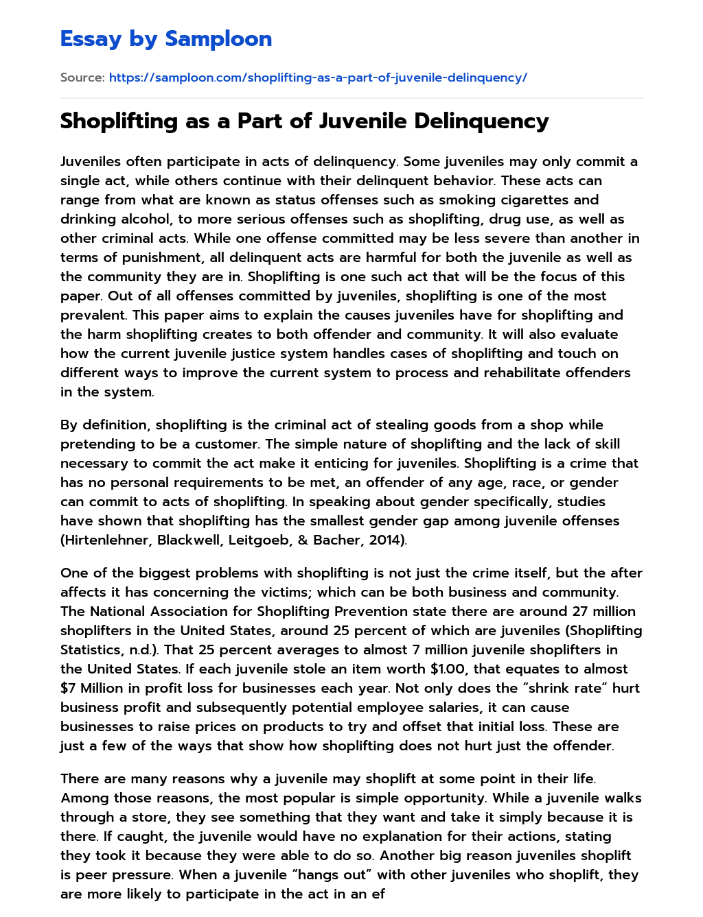 Shoplifting as a Part of Juvenile Delinquency essay
