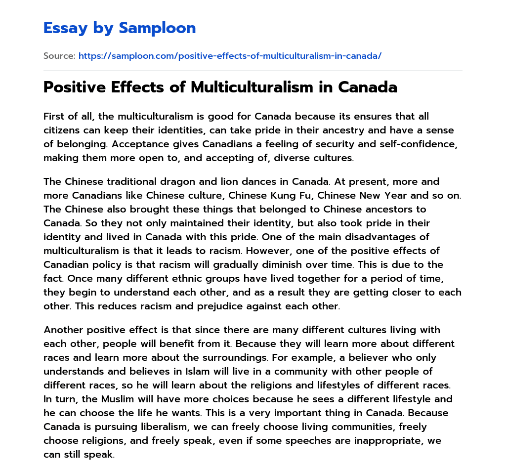 Positive Effects of Multiculturalism in Canada essay