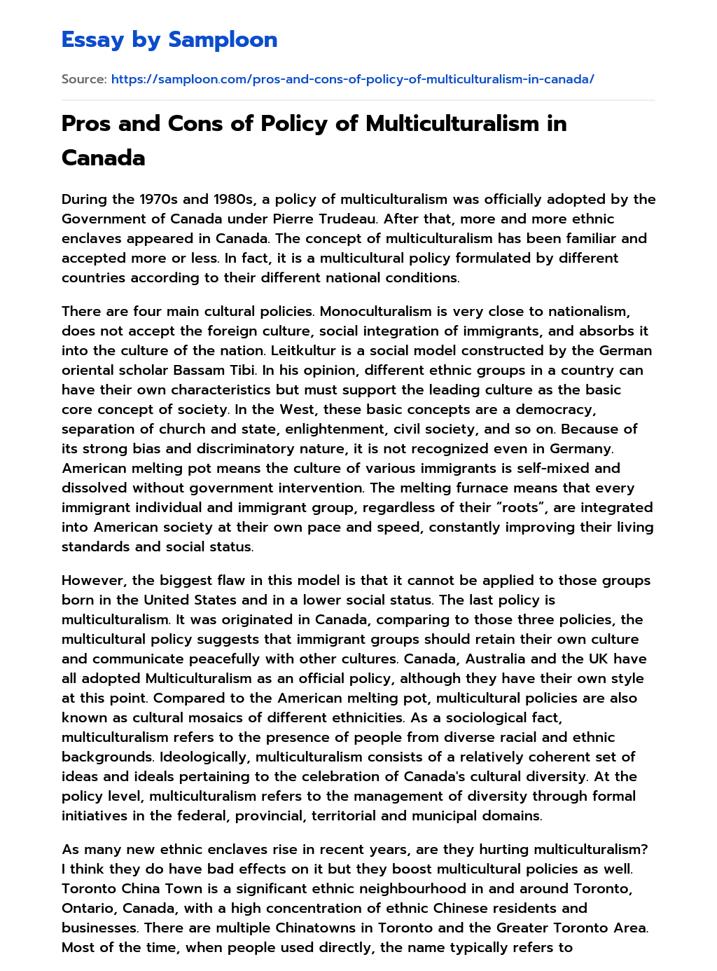 Pros and Cons of Policy of Multiculturalism in Canada essay