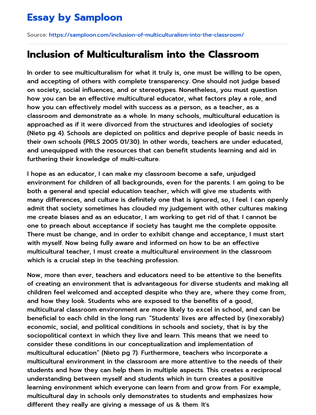 Inclusion of Multiculturalism into the Classroom essay