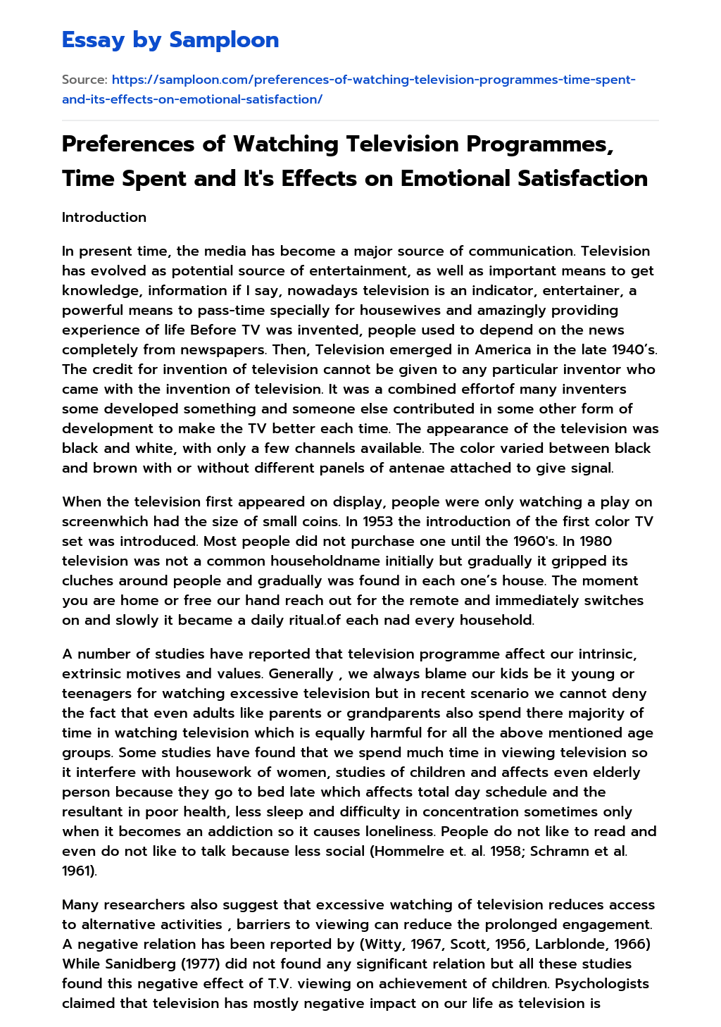 Preferences of Watching Television Programmes, Time Spent and It’s Effects on Emotional Satisfaction essay