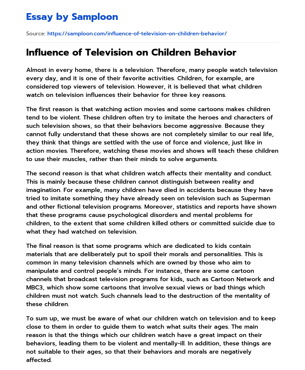 Influence of Television on Children Behavior essay