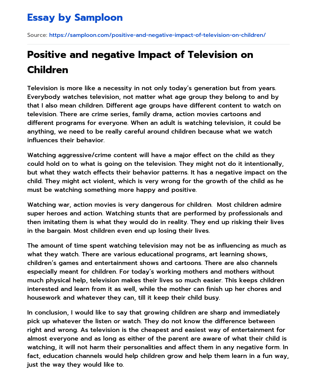 Positive and negative Impact of Television on Children essay