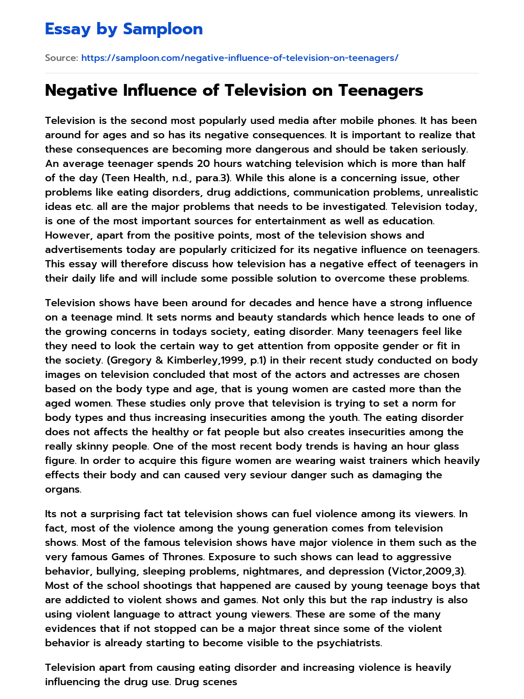 Negative Influence of Television on Teenagers essay