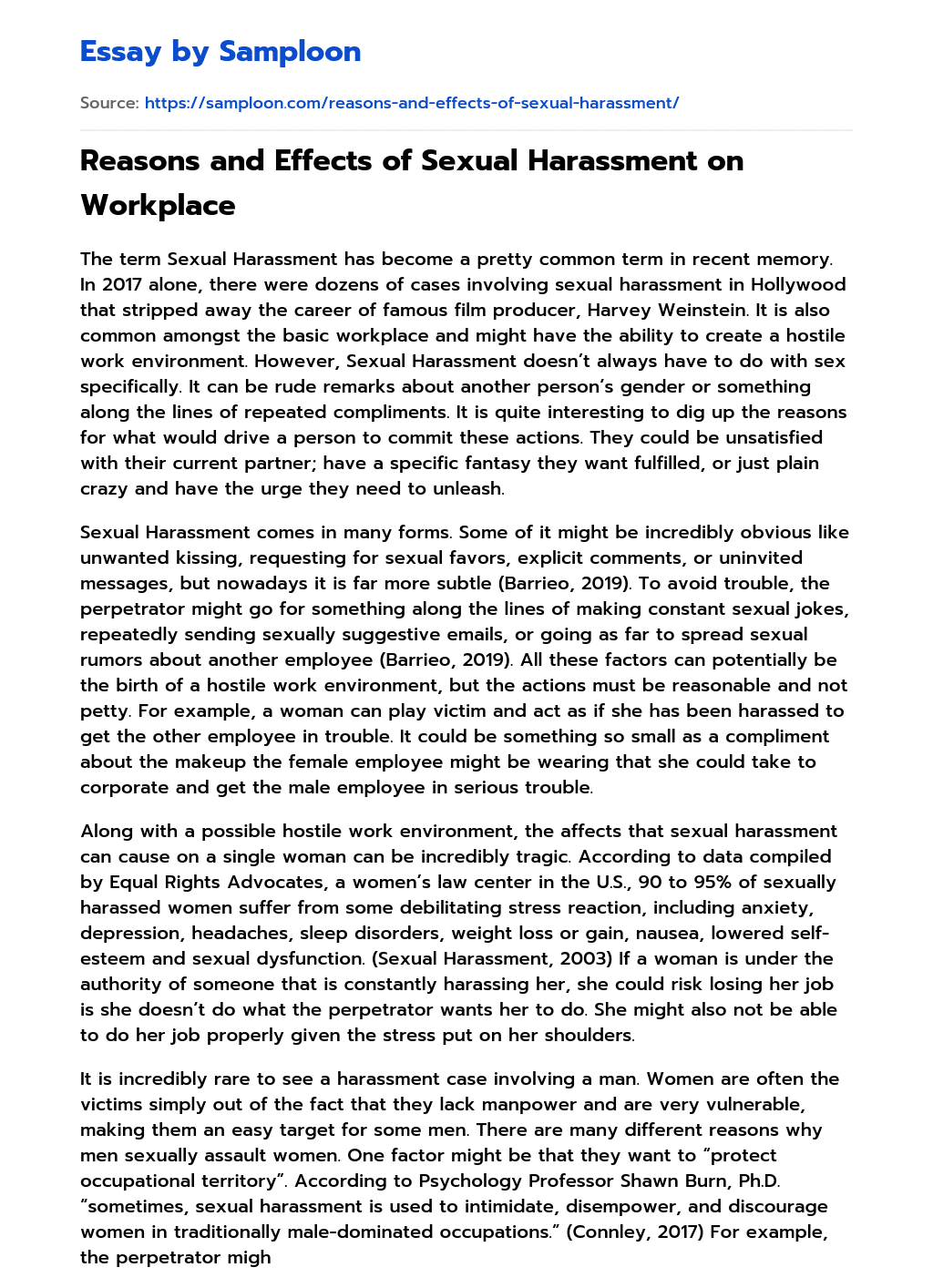 Reasons and Effects of Sexual Harassment on Workplace essay