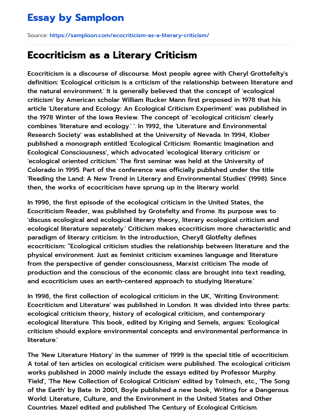 Ecocriticism as a Literary Criticism essay