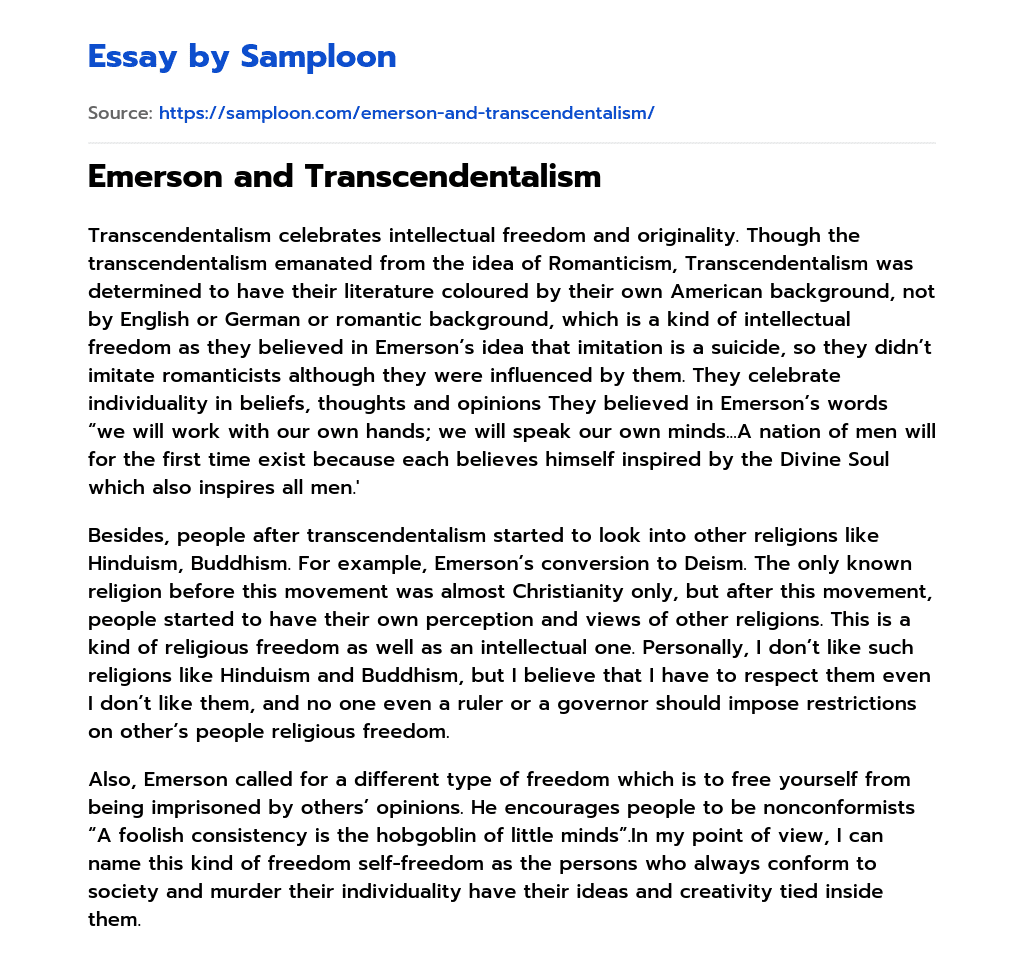 Emerson and Transcendentalism essay