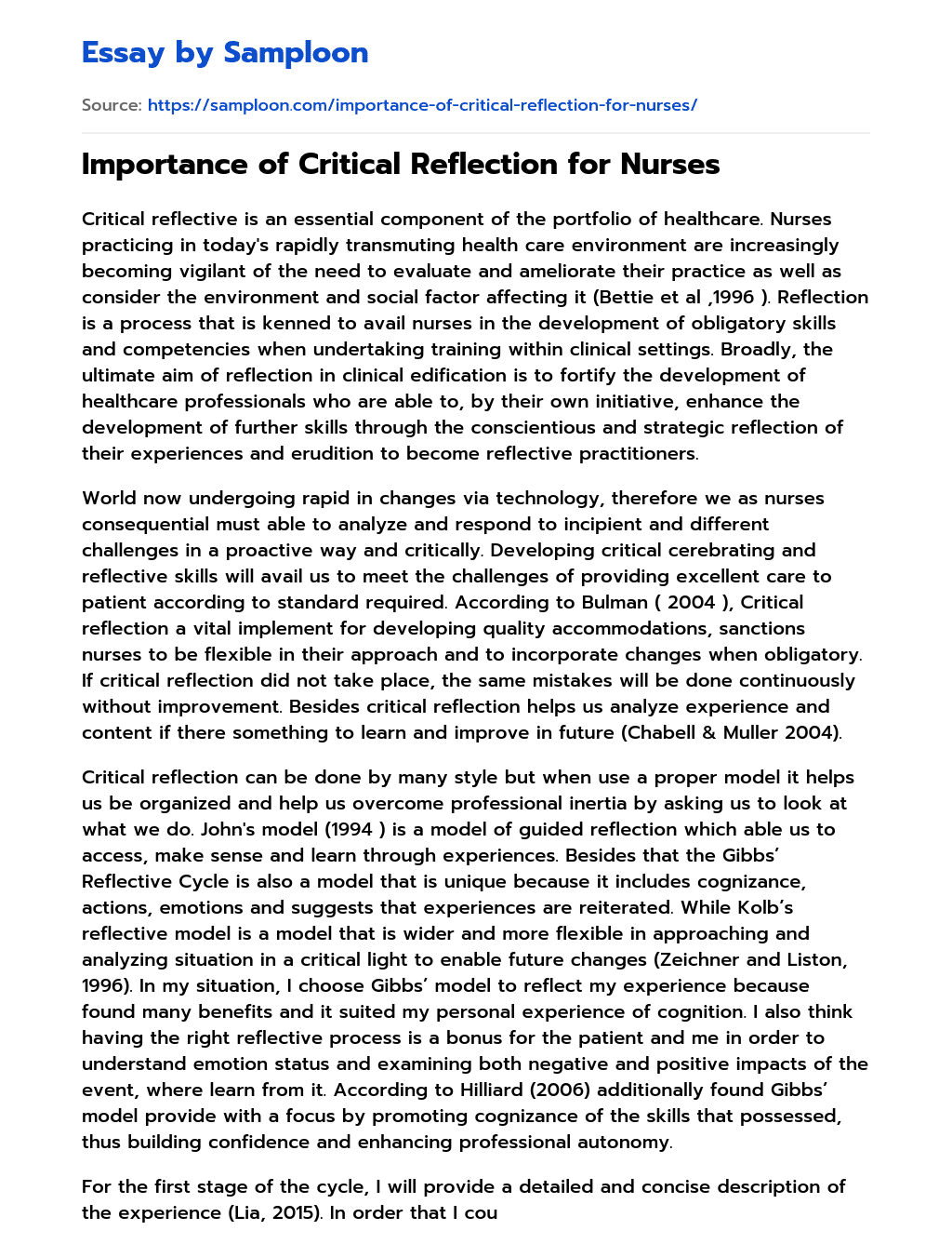 Importance of Critical Reflection for Nurses essay