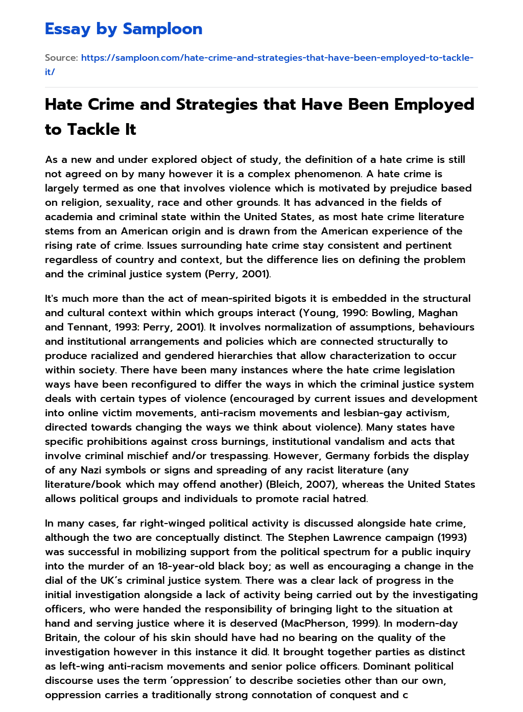 Hate Crime and Strategies that Have Been Employed to Tackle It essay