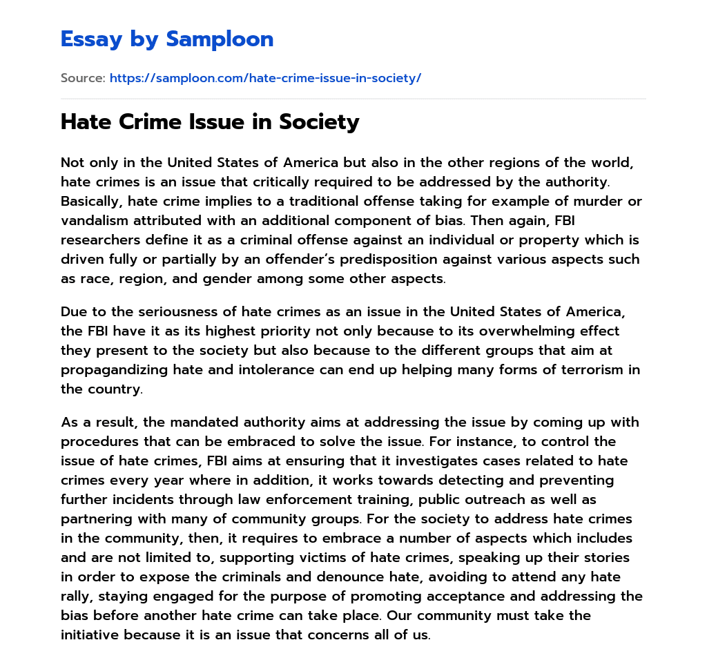 Hate Crime Issue in Society essay