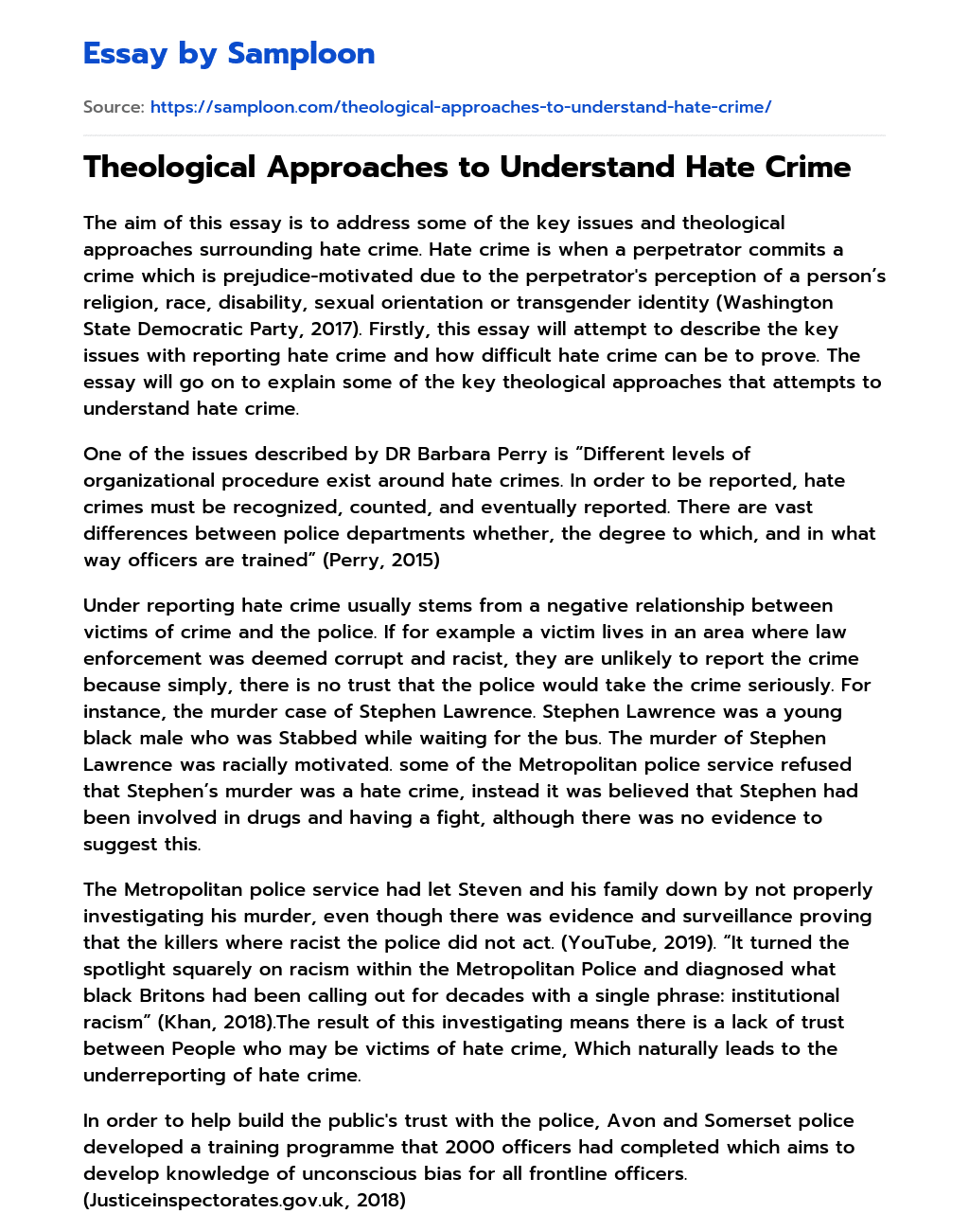 Theological Approaches to Understand Hate Crime essay