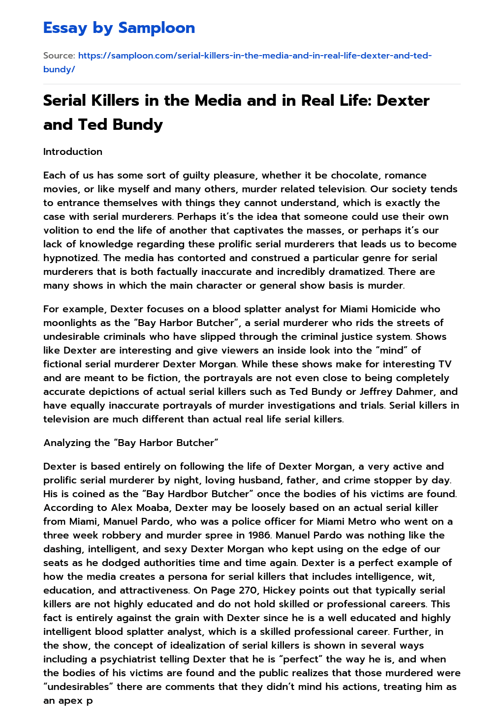 Serial Killers in the Media and in Real Life: Dexter and Ted Bundy essay