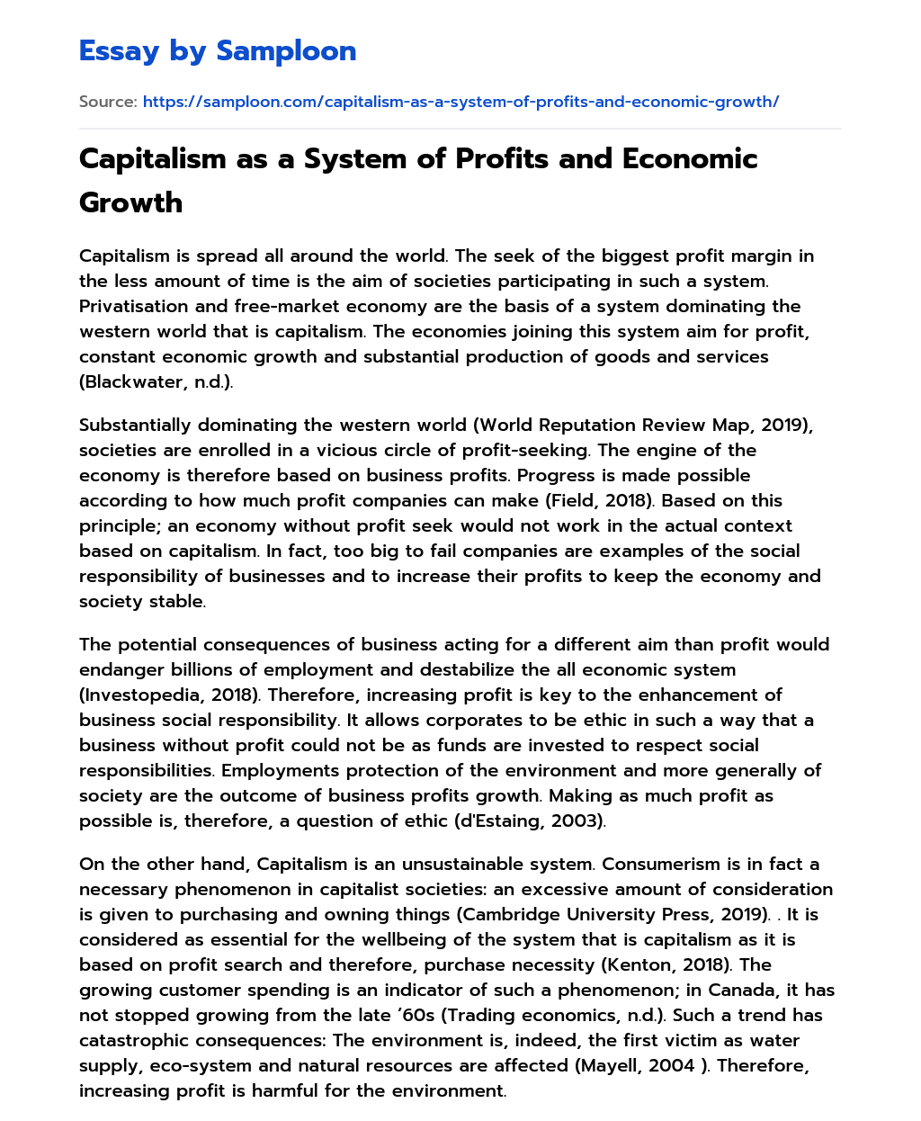 Capitalism as a System of Profits and Economic Growth essay